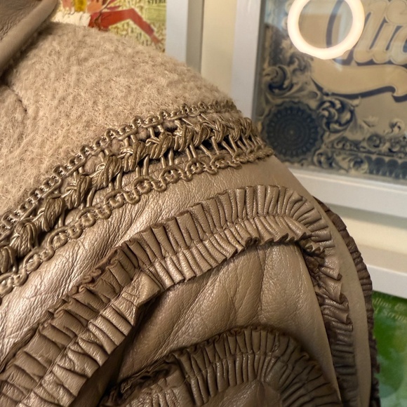 Vintage 80s Statement Taupe Wool & Leather Maxi Coat w/ Ornate Braided Trim - Picture 6 of 16